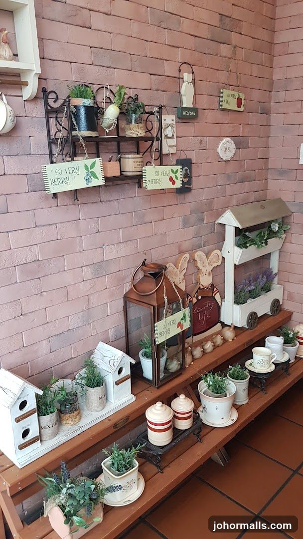Decorative shelf with plants and signs