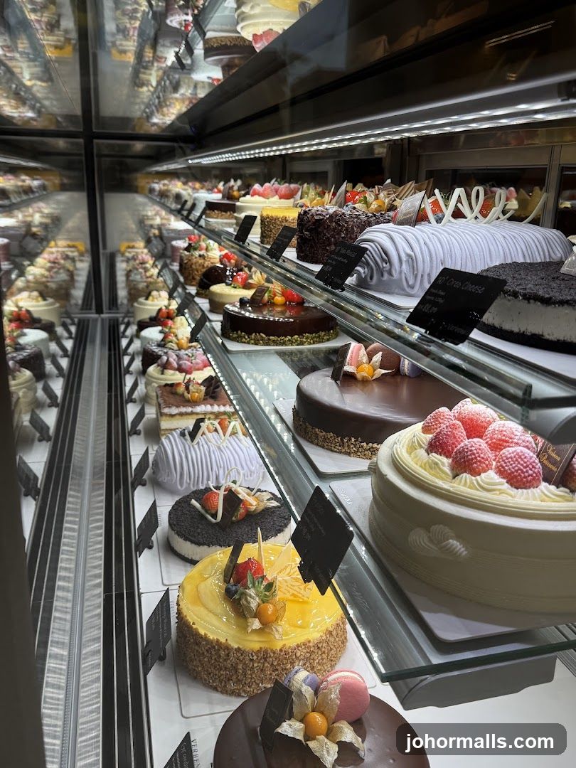 Cakes in a display case