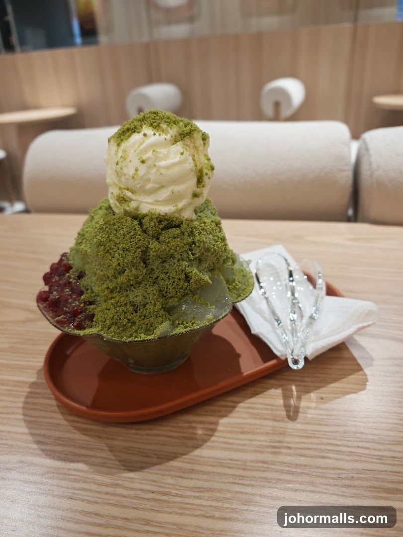 Matcha shaved ice with red bean and ice cream