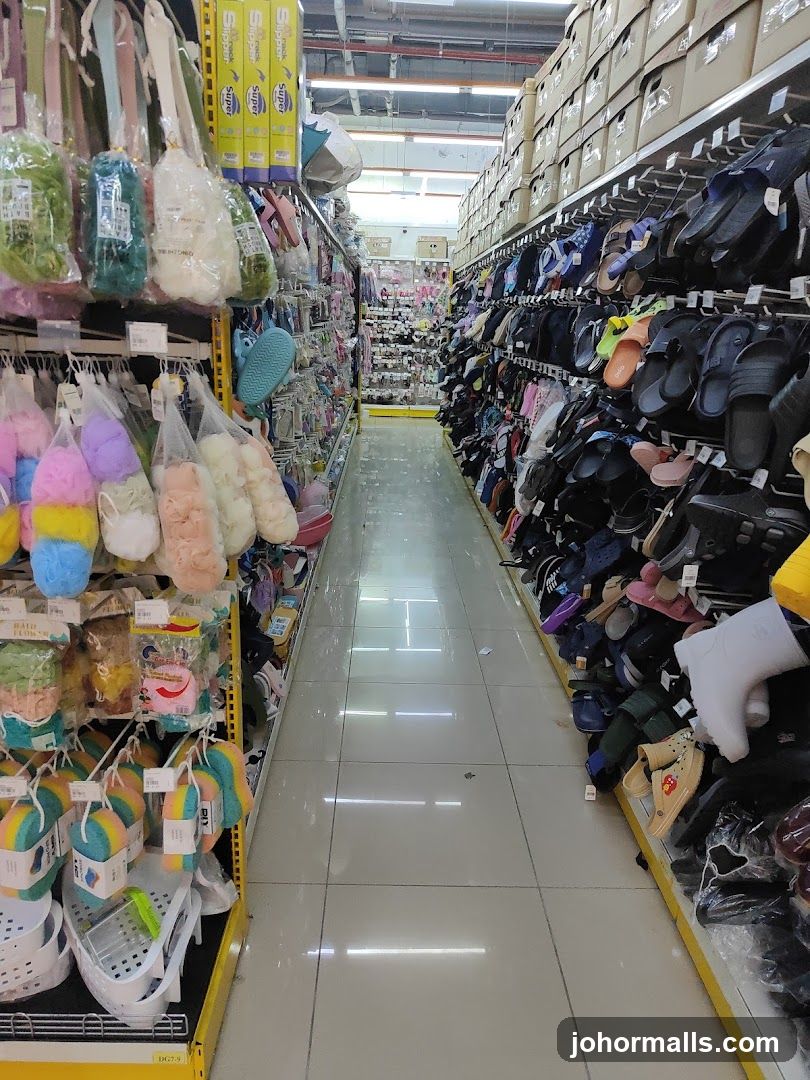 Aisle of bath sponges and footwear