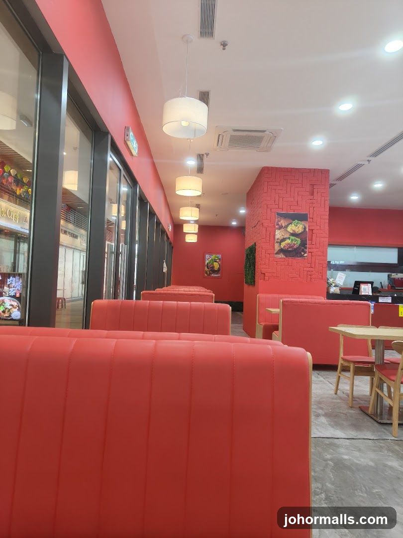 Restaurant Interior with Red Booth Seating