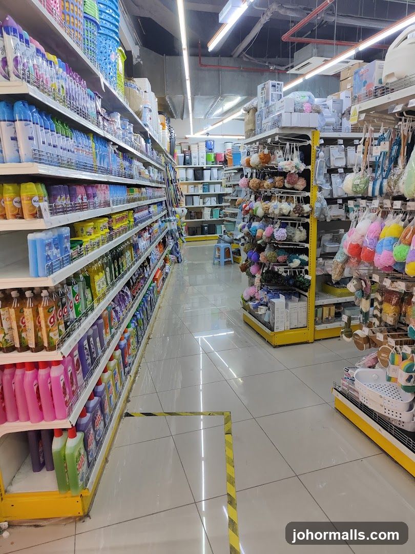 Supermarket aisle with cleaning supplies and bath accessories