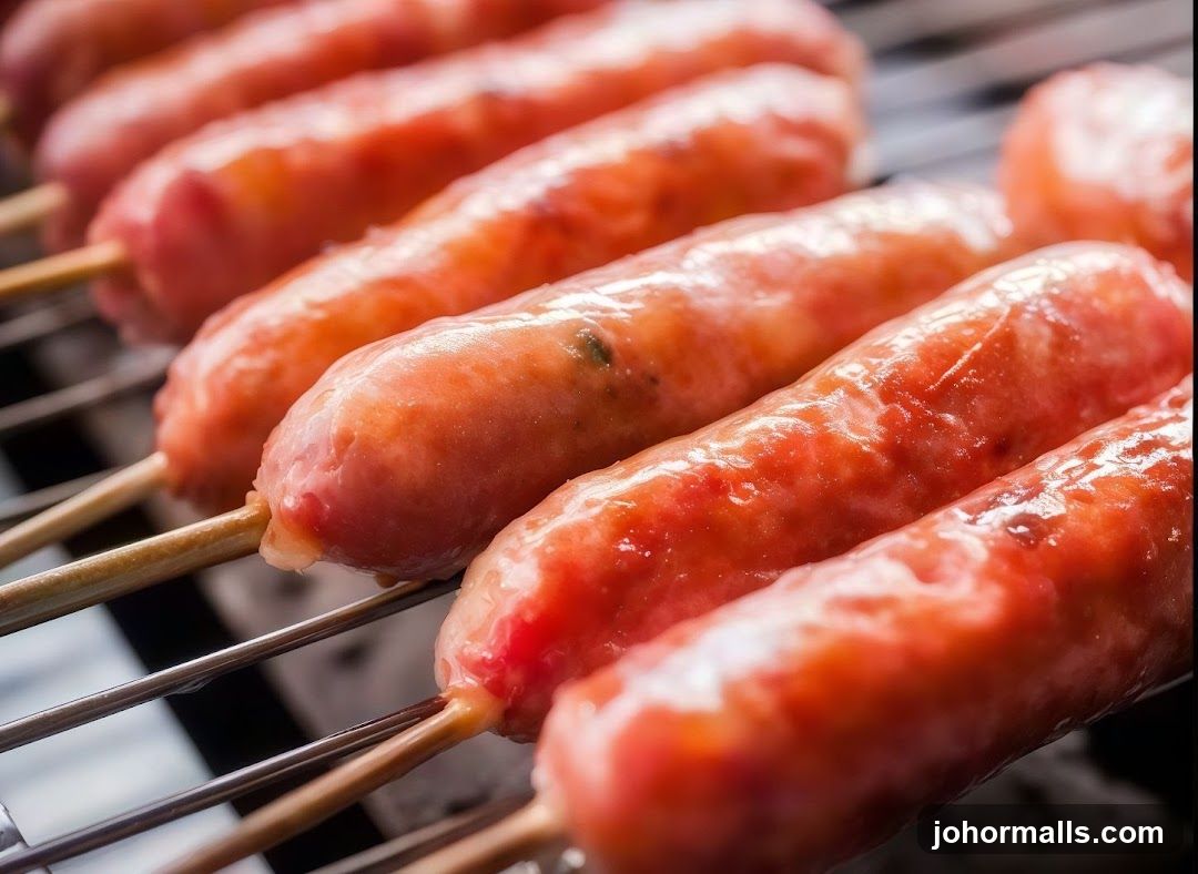 Sausages on Skewers on a Grill