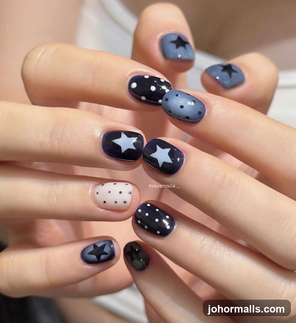 Nail Art with Stars and Polka Dots