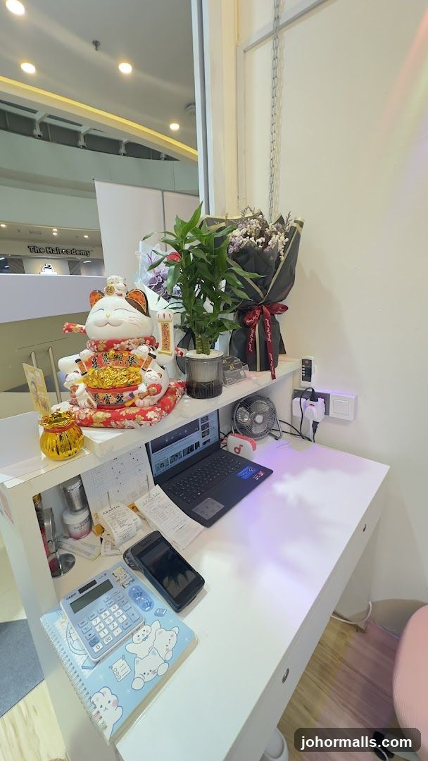 Desk with Lucky Cat and Flowers