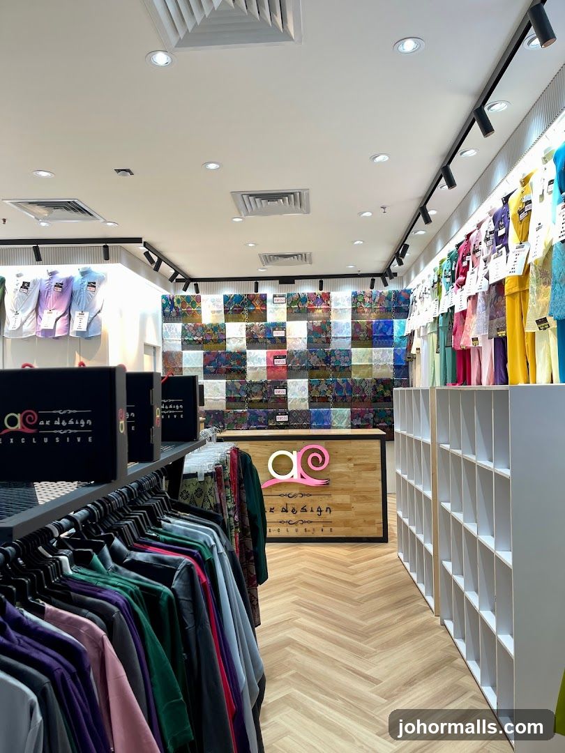 Clothing store interior with racks of garments and display shelves