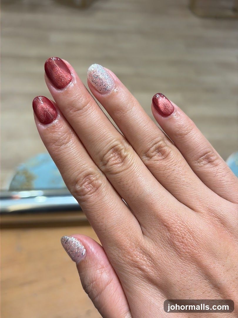 Nails with Red and Silver Glitter Polish