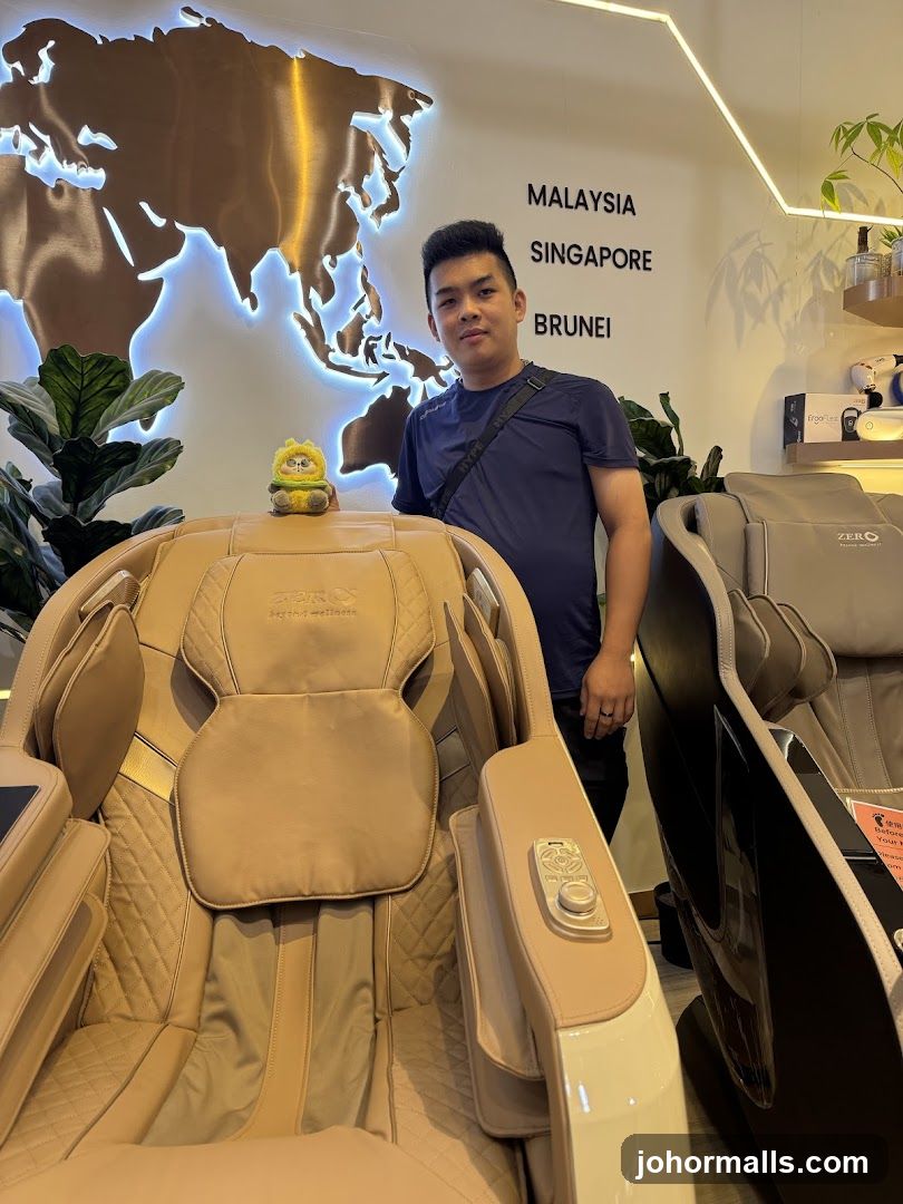 Man Posing with Massage Chairs