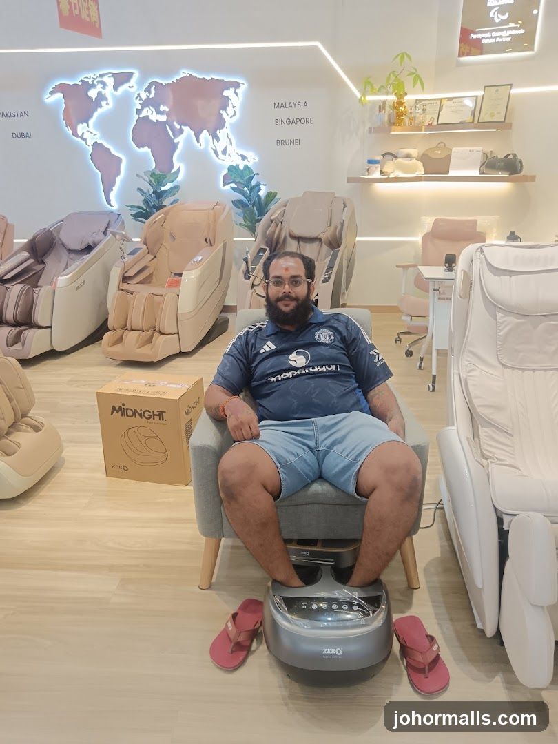 Man testing a foot massager in a showroom