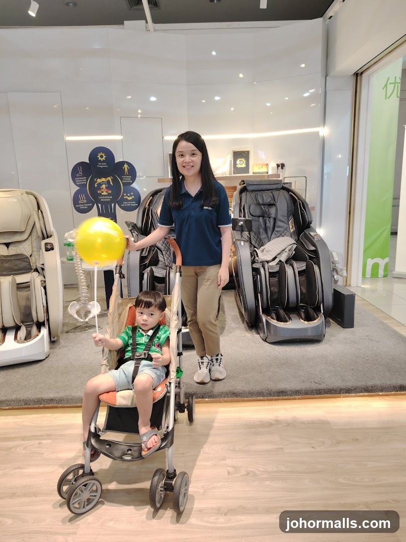 Woman and child in a massage chair store