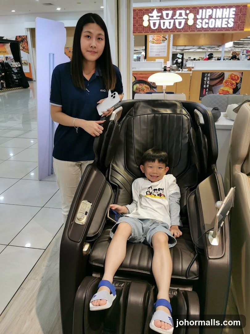 Woman and child in massage chair