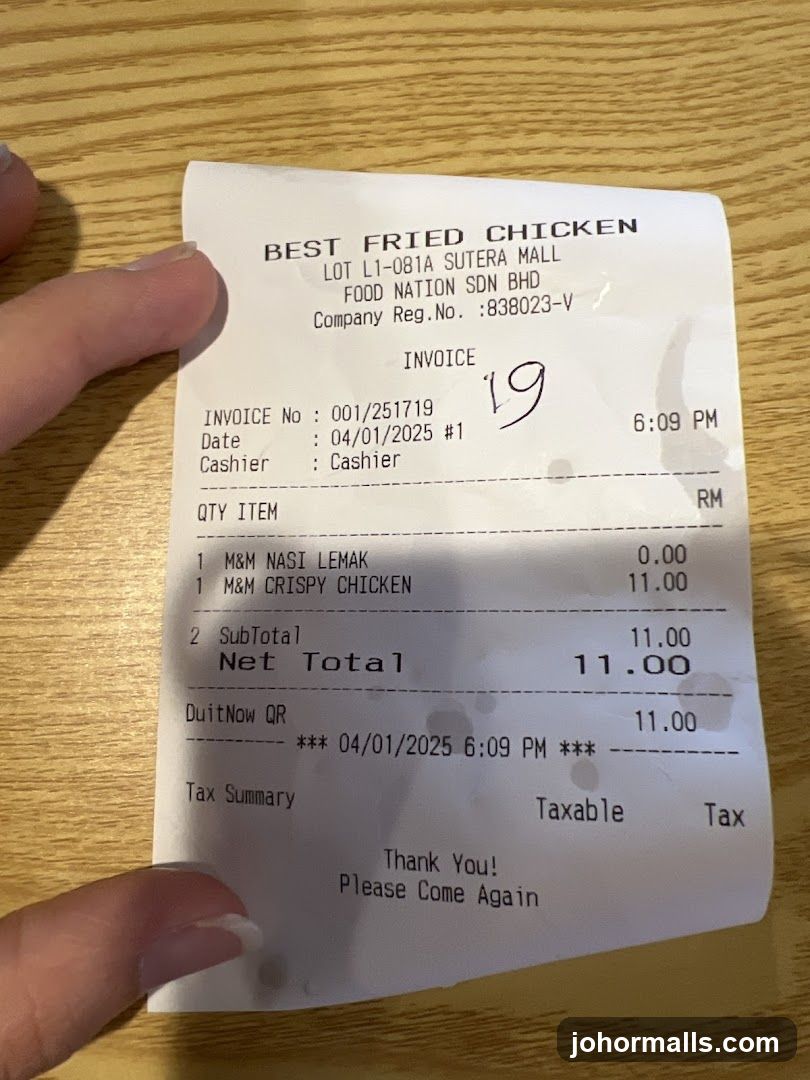 Receipt from Best Fried Chicken