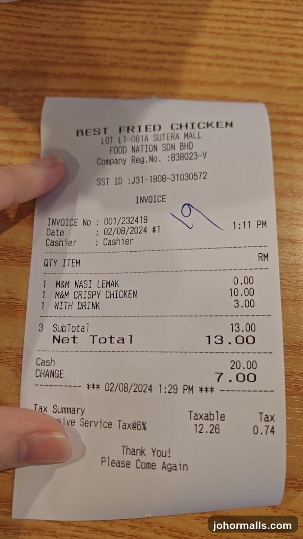 Receipt from Best Fried Chicken