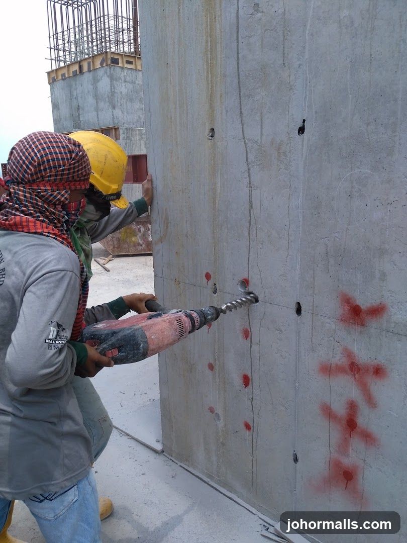 Construction workers drilling into concrete wall