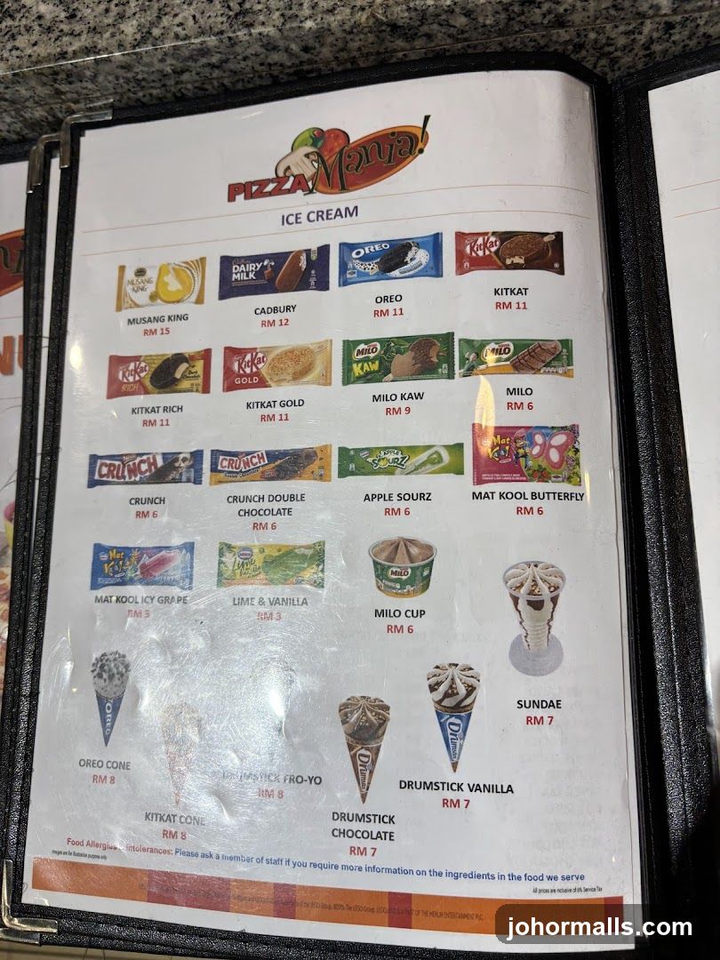 Pizza Mania Ice Cream Menu
