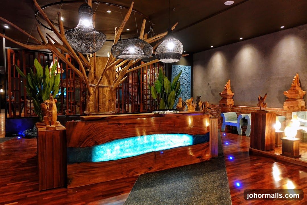 Reception Desk with Natural Wood and Blue Resin
