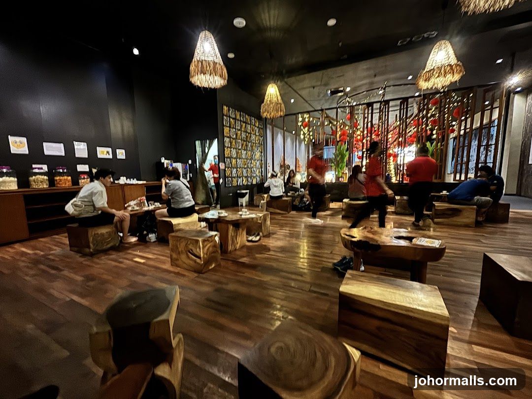 Interior of a cafe with wooden furniture and decor
