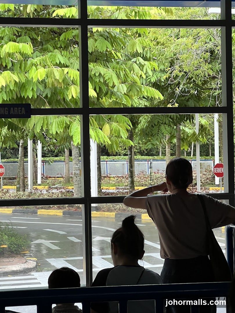 People looking out a window at a simulated road