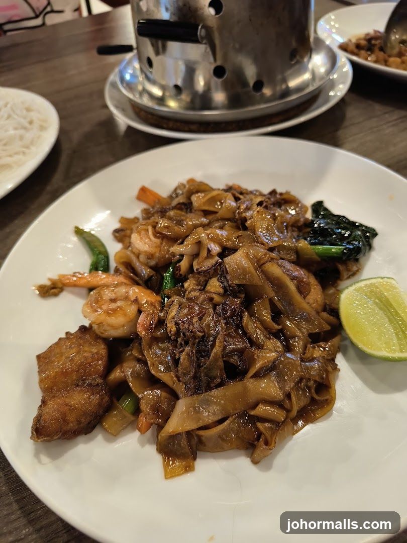 Pad See Ew with Shrimp and Fried Fish