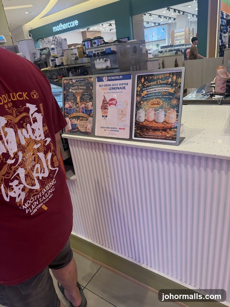Promotional posters at a counter