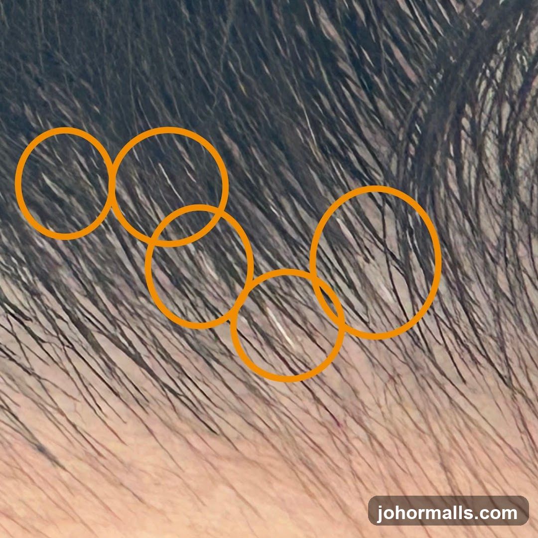 Close-up of hair with orange circles