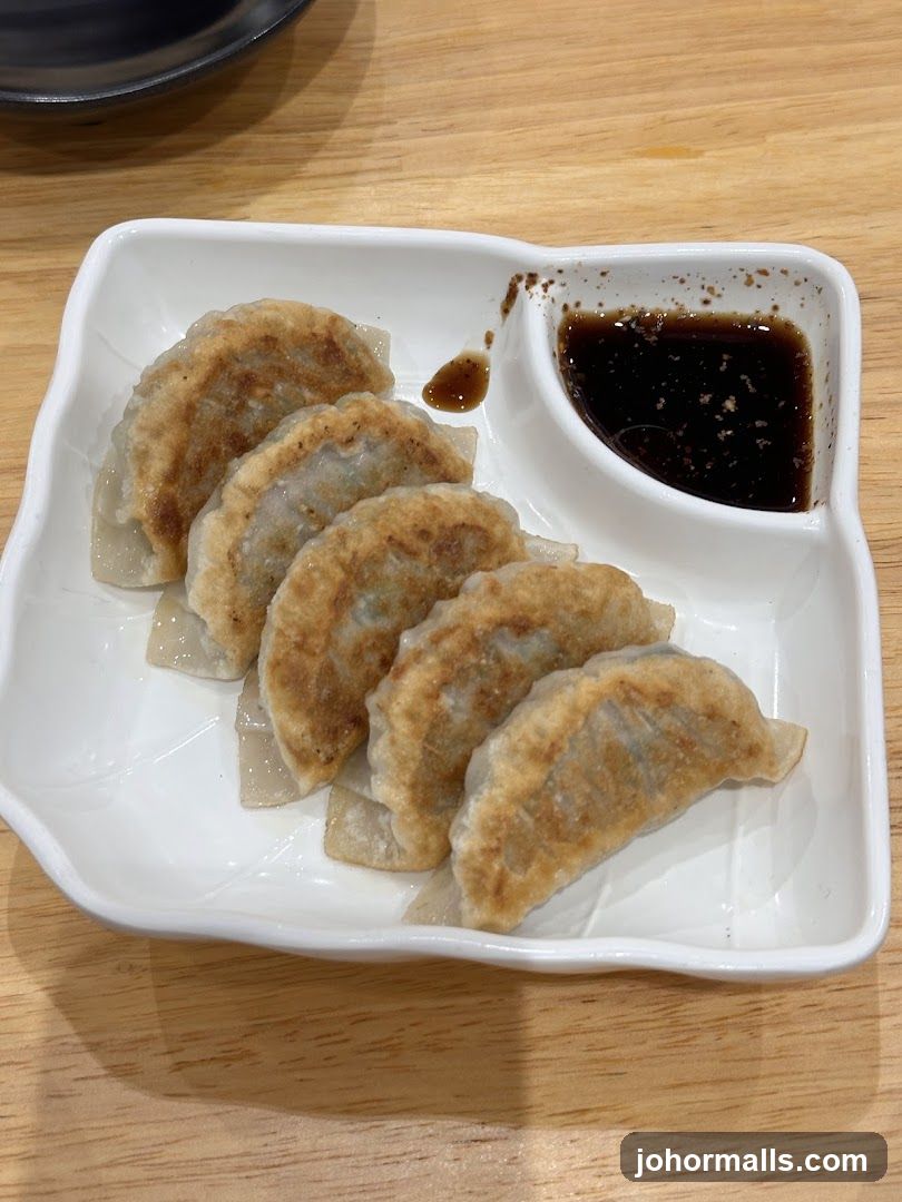 Pan-fried dumplings with dipping sauce