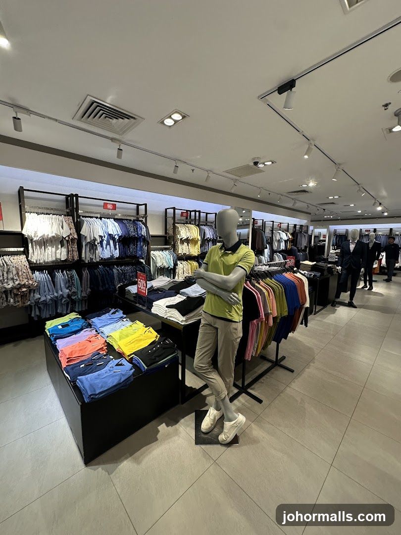 Clothing store interior with mannequins and apparel displays