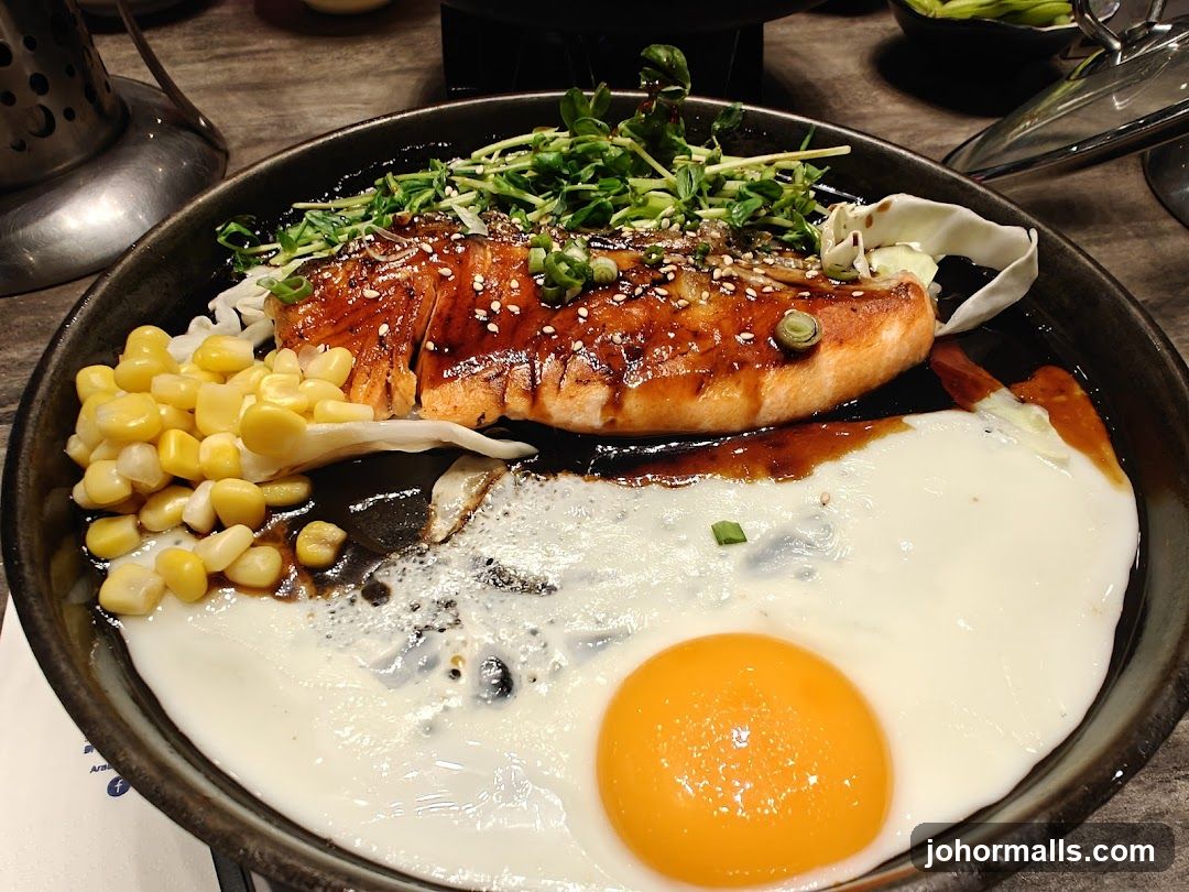 Salmon Steak with Egg and Corn