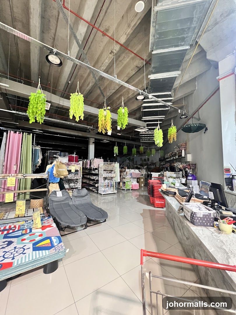 Indoor retail store with hanging plants and merchandise