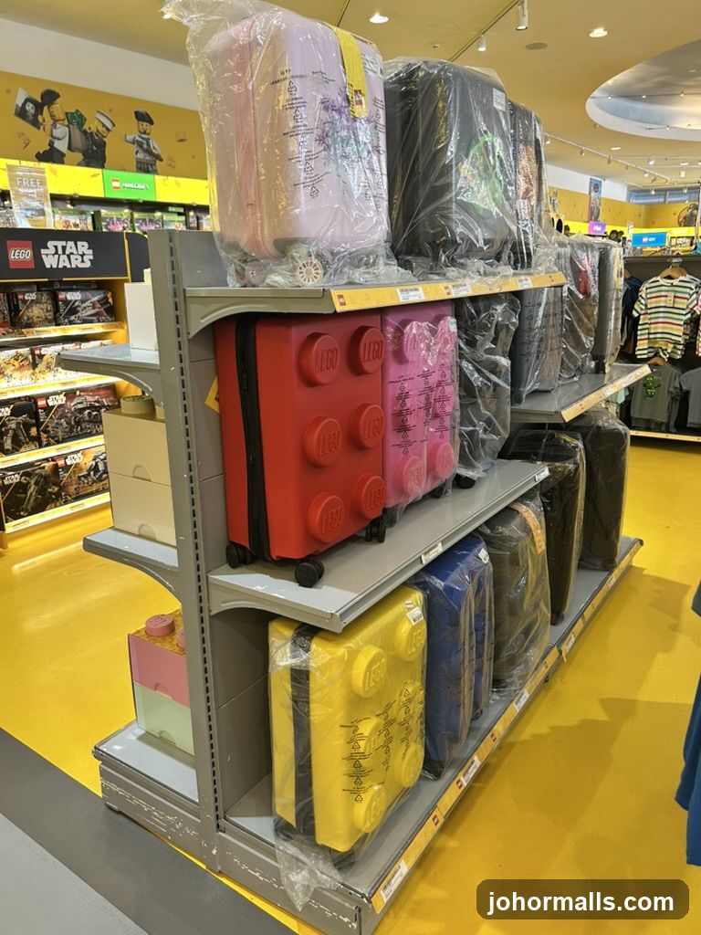 Lego-themed luggage on display
