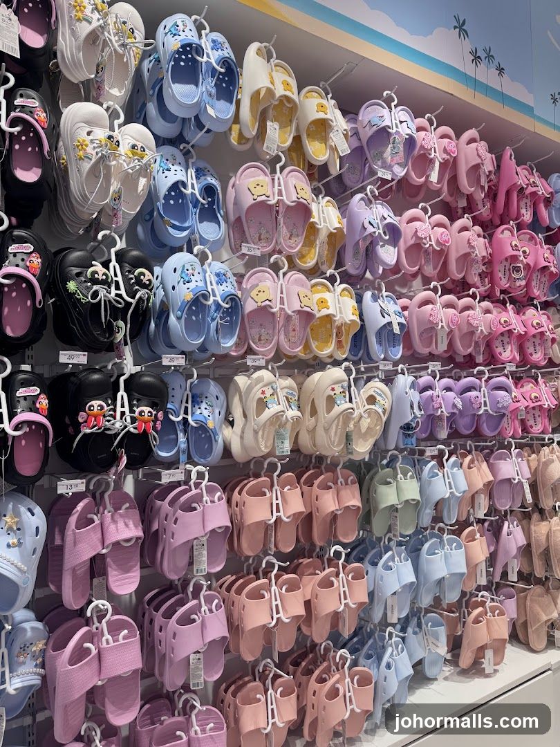 Display of colorful sandals and slides