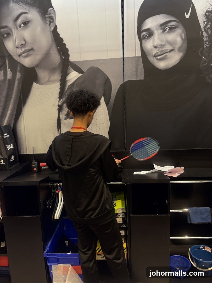Person holding a badminton racket in a store