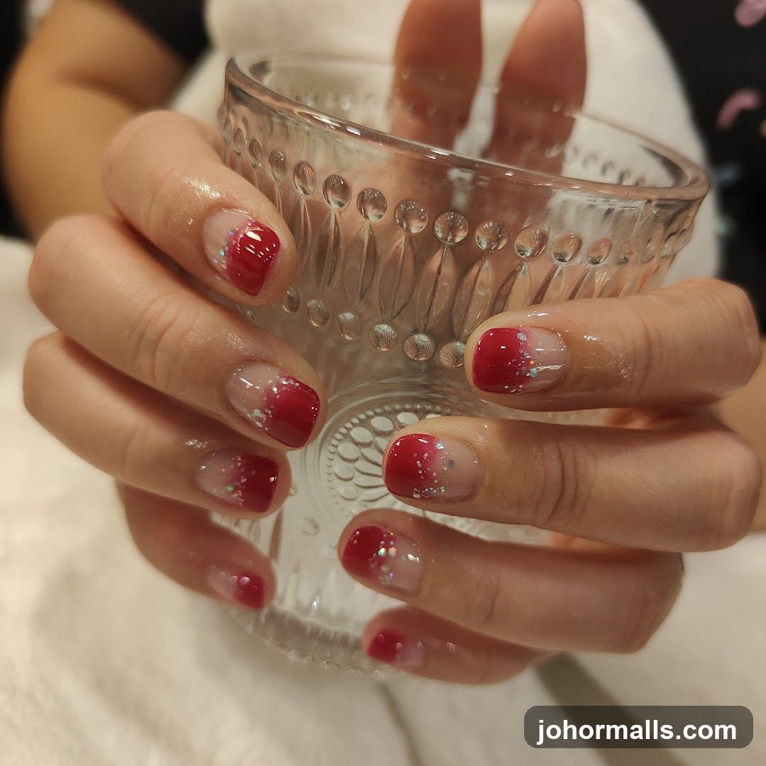 Nails with Red Ombre and Glitter