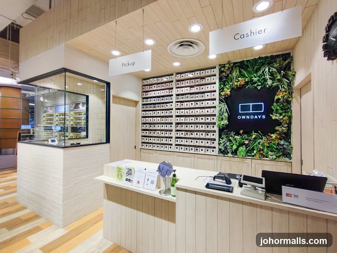Eyewear store interior with display and cashier counter