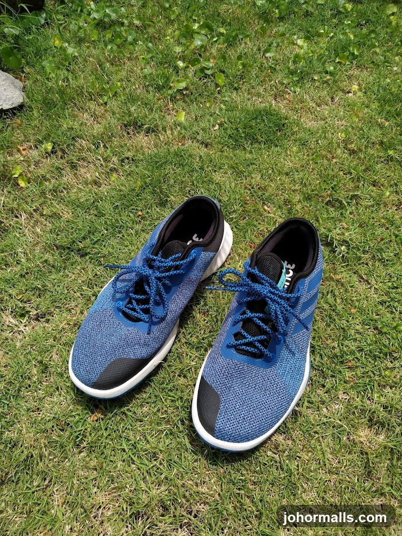 Blue running shoes on grass