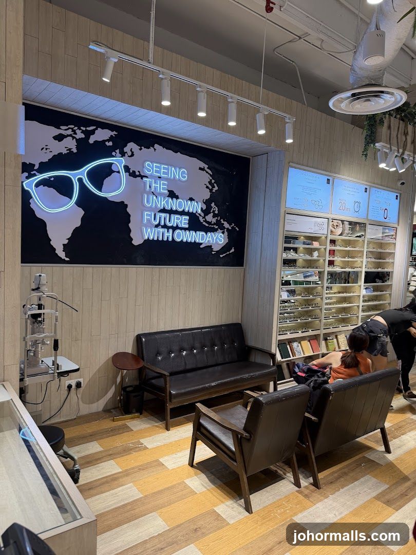 Eyewear store interior with seating and displays