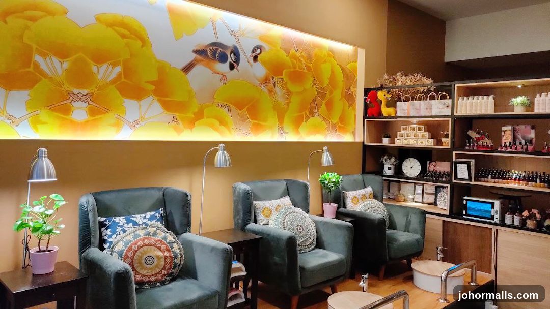Spa waiting area with artwork and retail shelves