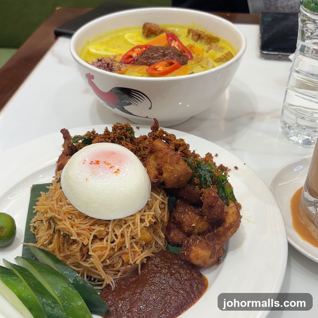 Fried Noodles with Fried Chicken and Soup