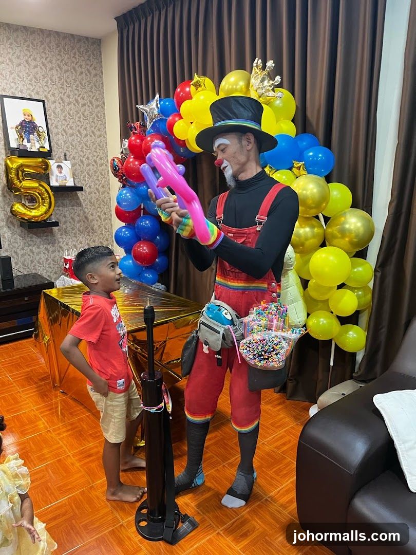 Clown making balloon animals at a birthday party
