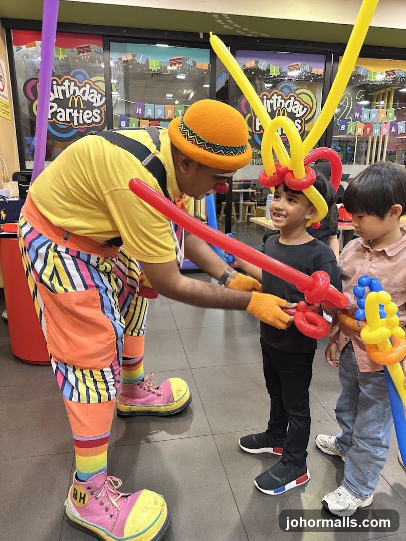 Clown making balloon animals for children