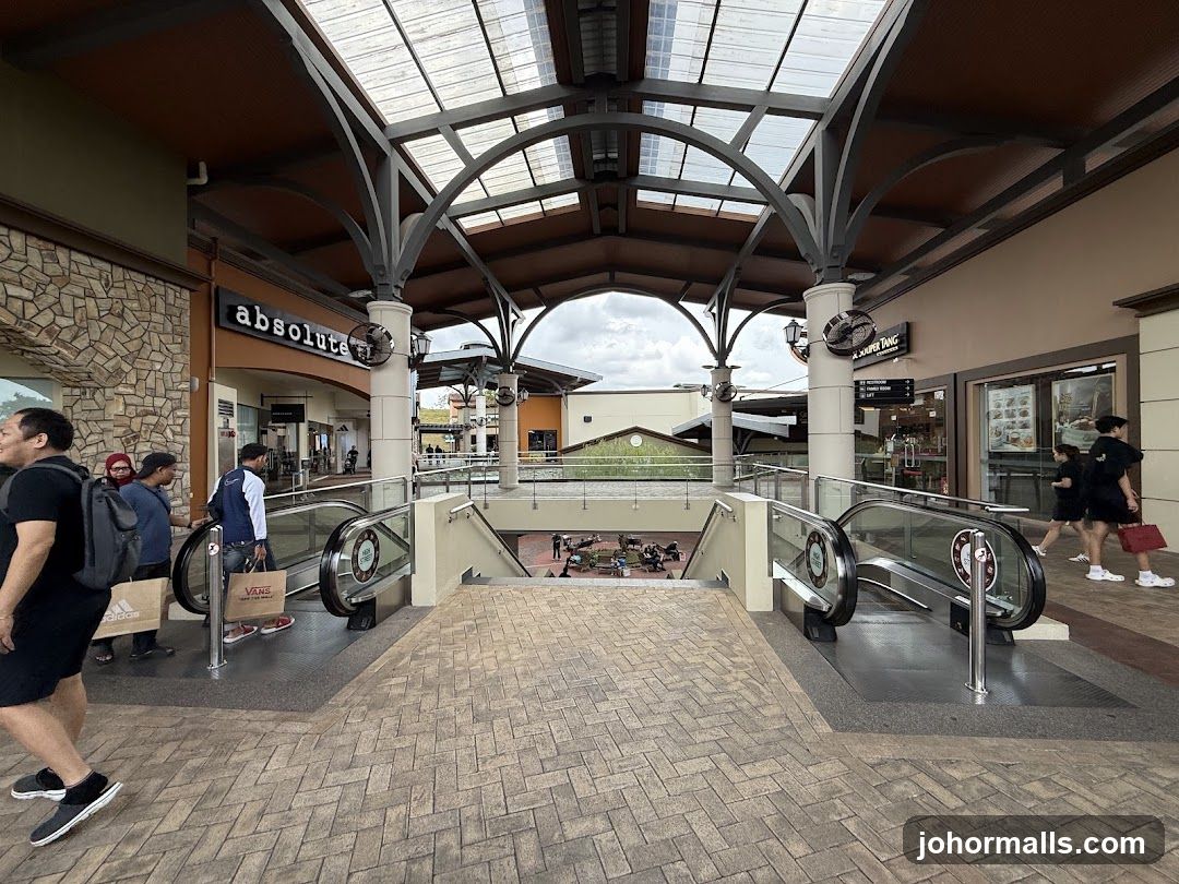 Outdoor shopping mall with escalators