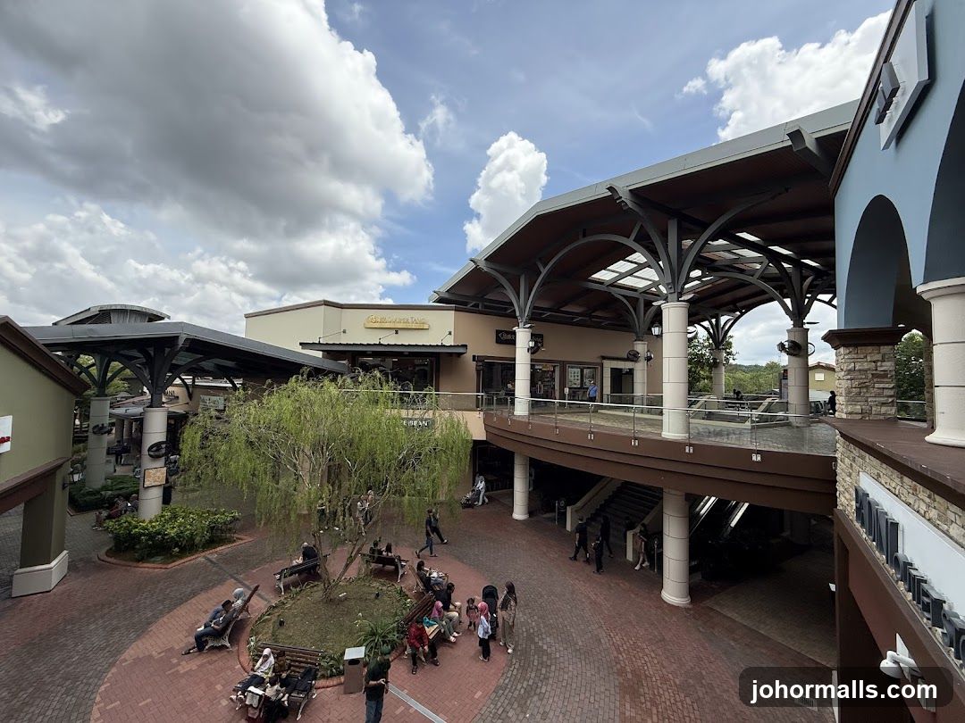 Outdoor shopping mall with covered walkways and seating areas