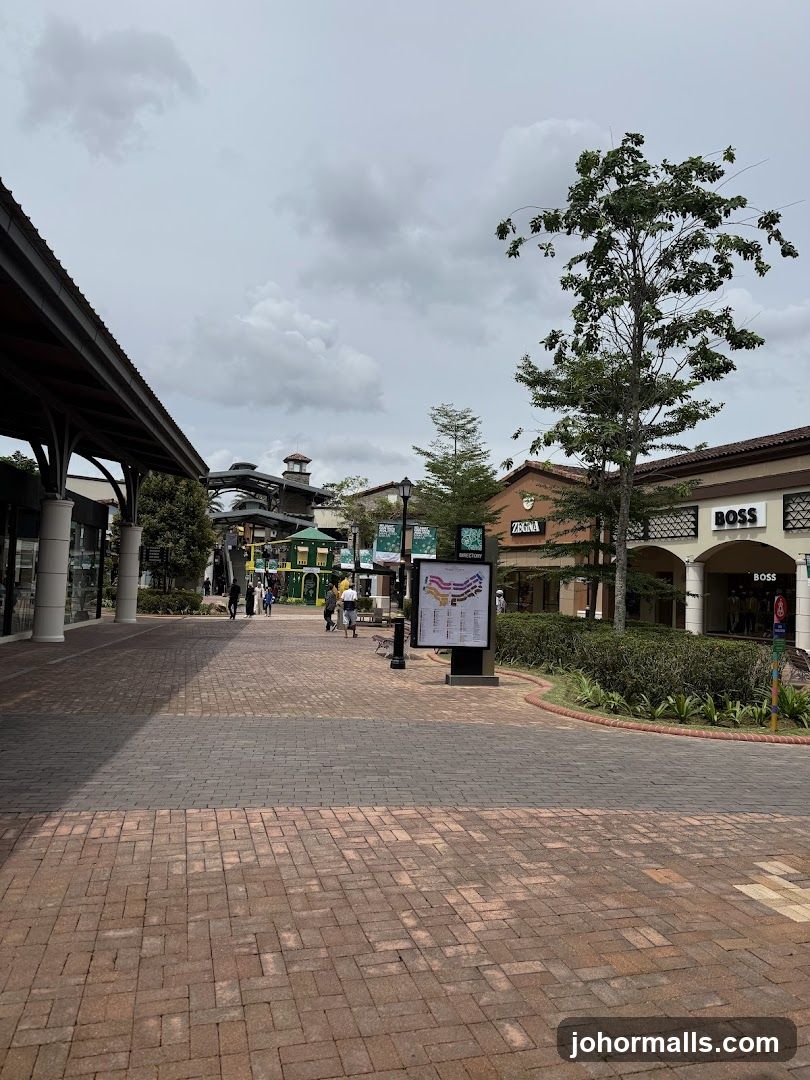 Outdoor shopping area with storefronts