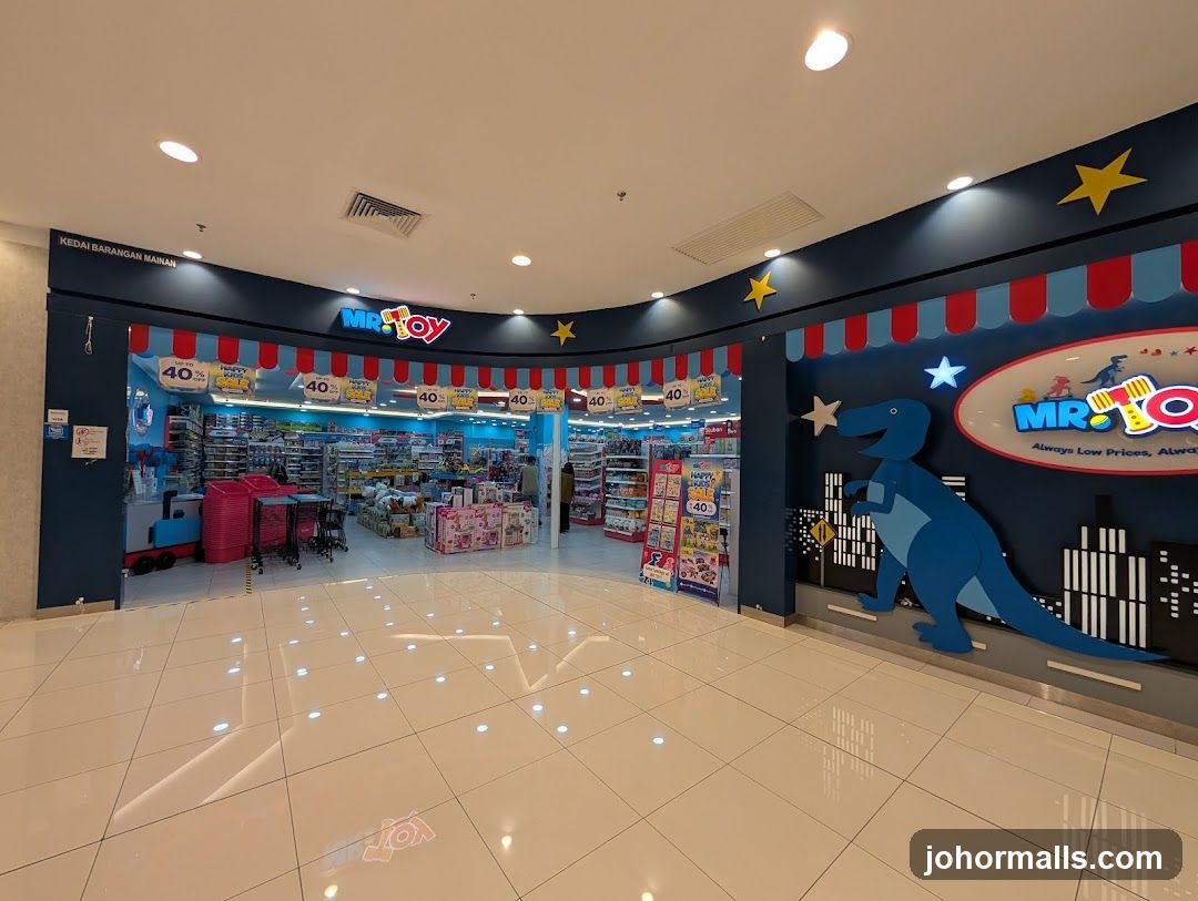 The exterior of a toy store called Mr. Toy. The store has a dark blue facade with red and white striped awnings above the entrance. A large blue dinosaur cutout is on the right side of the facade, with a cityscape silhouette below it. The store's logo,