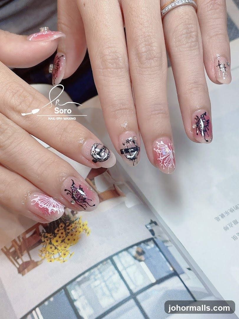 Nail Art with Butterfly and Floral Designs