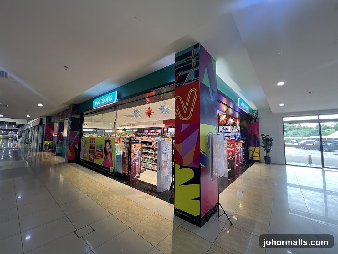 The exterior of a Watsons store in a mall. The store has a bright teal awning with the Watsons logo in white. The storefront features large glass windows displaying various beauty and health products. Colorful, abstract graphics adorn the pillars and walls around the entrance. Inside, shelves are stocked with merchandise, and promotional displays are visible.
