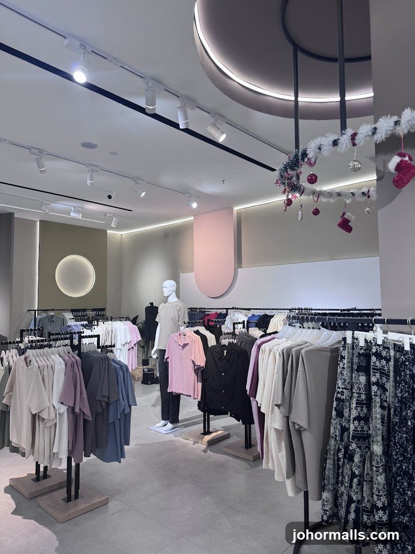 Clothing store interior with mannequins and apparel