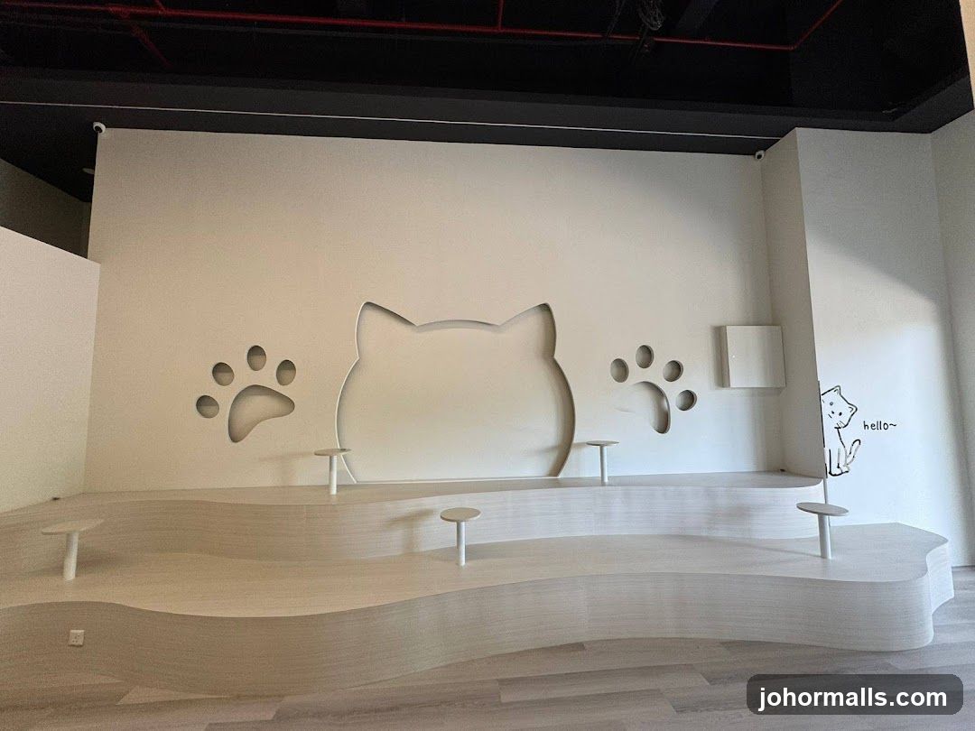 Cat-themed interior with seating