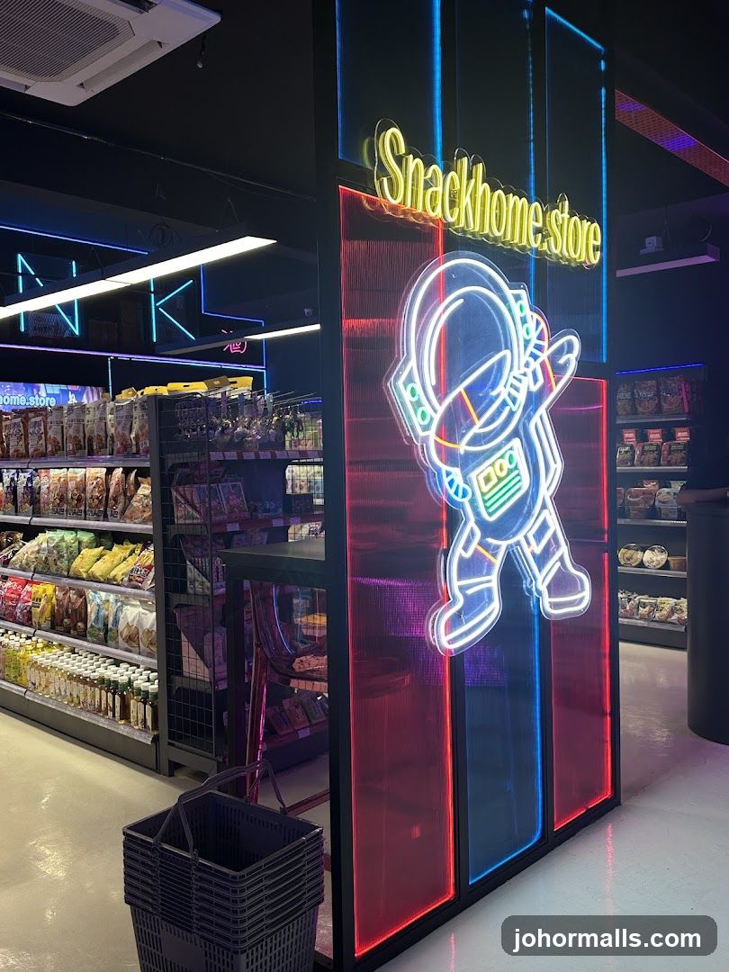 Snack store interior with neon astronaut