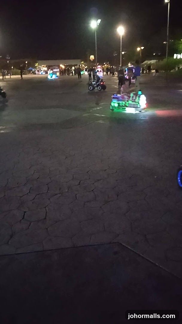 Outdoor entertainment area at night